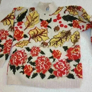 Vtg The Eagles Eye Sweater Hand Knit Womens Medium Fall Leaves Autumn